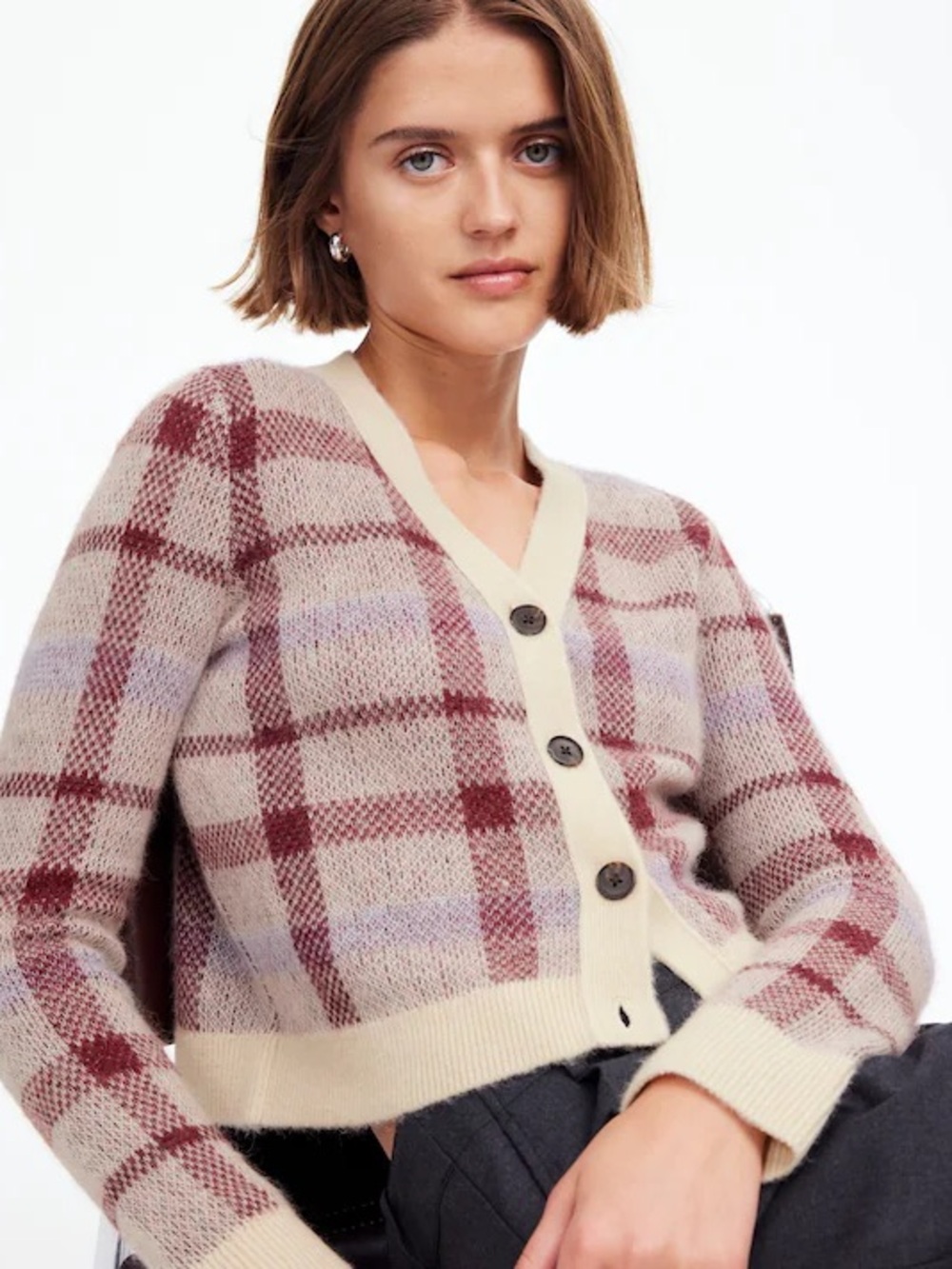 NWT MADEWELL- Alpaca-Blend V-Neck Cardigan Alabaster Plaid Size M